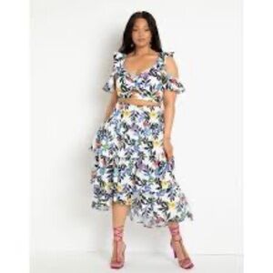 Eloquii Floral Buckle Crop Top - White and Multicolor